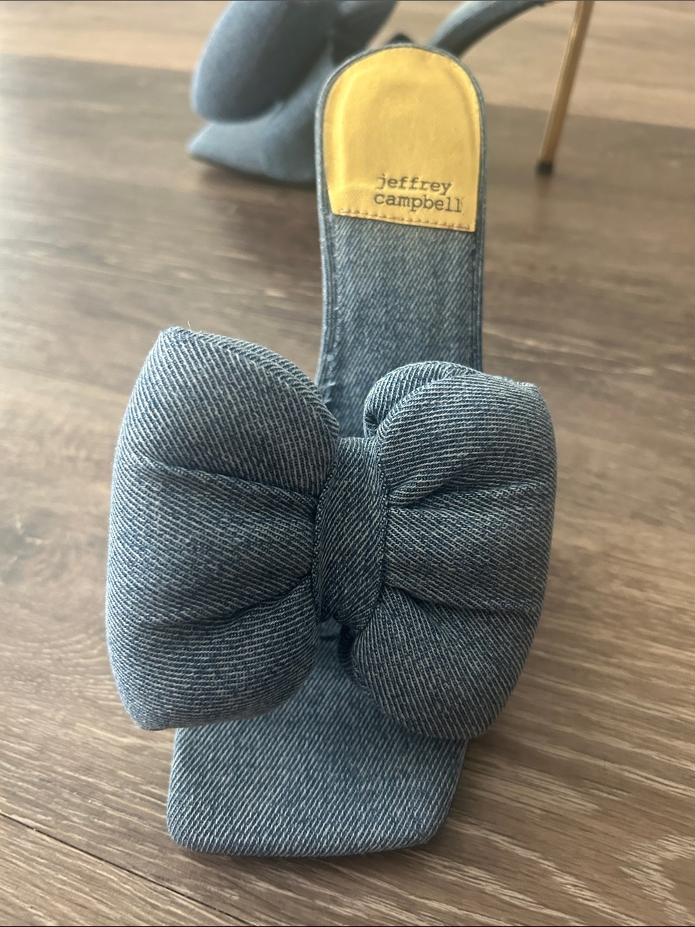 Jeffrey Campbell Denim Bow Slide Sandals - Blue with Yellow Insole - Picture 5 of 5